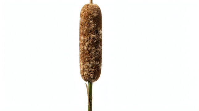 A single brown cattail seed head, typha latifolia, with a fuzzy cylindrical texture isolated on a plain white background