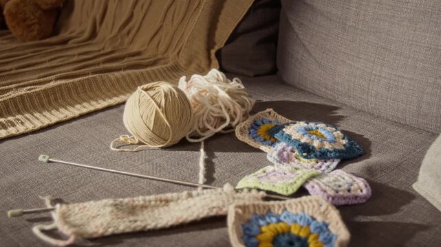 Colorful knitted wool pieces, crochet squares, yarn balls, and knitting needles resting on sofa during zoom in. Clip suits DIY craft tutorials, hobby blogs, and senior lifestyle marketing