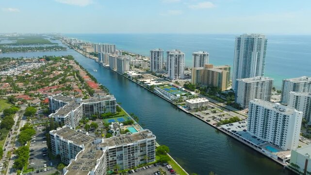 Aerial View of Hollywood Beach Florida Coastline With Waterfront Condos, Canal and Ocean Skyline