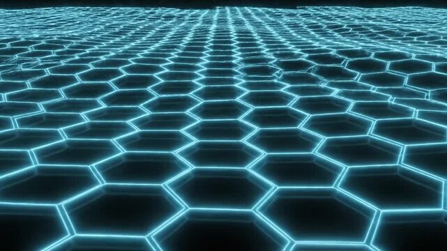 Abstract neon blue hexagon grid pattern moving with wave motion effect