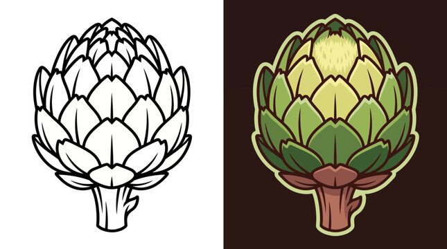 A detailed artichoke illustration, presented in both black and white and colorful styles. Suitable for culinary projects and botanical art themes, celebrating healthy foods.