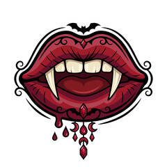 Obraz premium An artistic representation of fanged lips with vivid blood dripping, featuring intricate details and a bat motif, symbolizing Halloween and gothic themes.