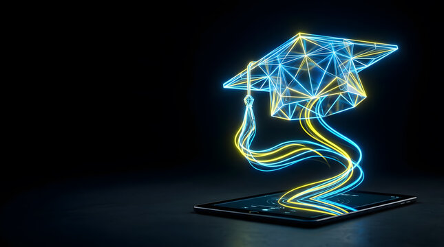 Abstract Geometric Wireframe Graduation Hat Hologram Emerging from Tablet