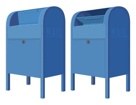 Blue public collection mailbox open and closed representing USPS postal service, letter dispatch, communication, and courier delivery logistics (cut out)