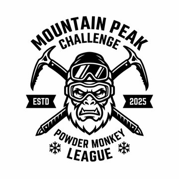 An imposing artwork showcasing a mountain-themed logo with crossed ice axes and a wild monkey mascot, symbolizing challenge, adventure, and the spirit of mountain sports.