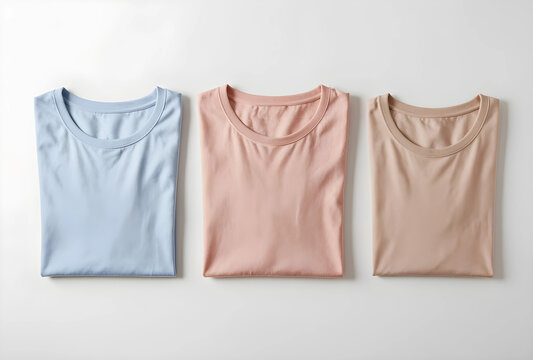 Minimalist fashion and retail concept, three folded t-shirts in pastel colors arranged in a row on a clean white background for e-commerce display