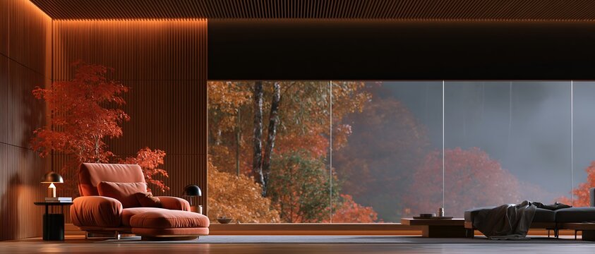 Contemporary living room with fall foliage view