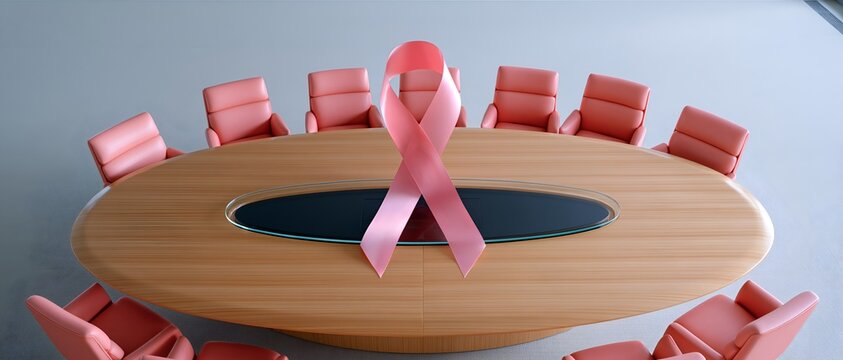 Conference table with pink breast cancer awareness ribbon