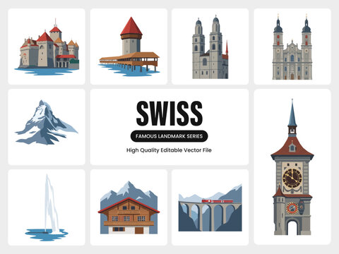 Swiss Famous Landmark Set with Matterhorn, Chalet, and Chapel Bridge, Editable Flat Vector Collection Isolated On White