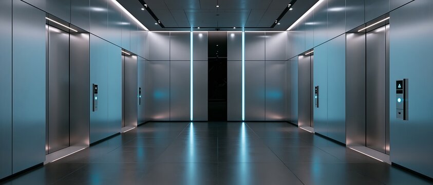 Long corridor of elevators with polished metal surfaces and glowing lights
