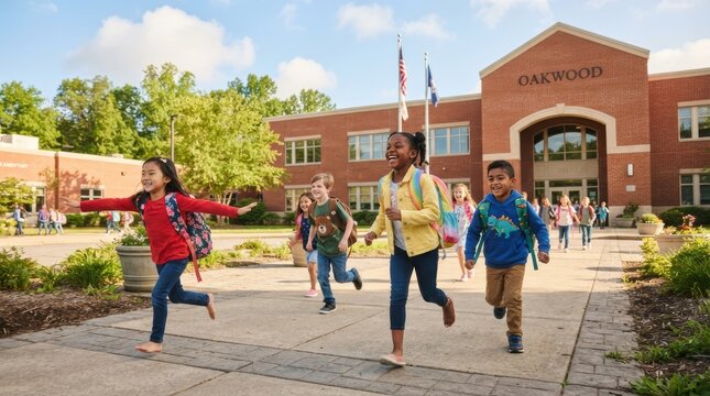 Back to School Excitement: A group of diverse elementary school students joyfully sprint towards their school building, eager for a day of learning and fun.