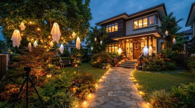 Spooky Suburban Serenity: A charming suburban house is adorned with whimsical Halloween decorations, including glowing ghost ornaments hanging from trees and luminaries lining the pathway.