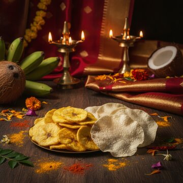 Traditional Indian banana chips and papadum served on a dark wooden table with oil lamps, coconuts, and red fabric in the background