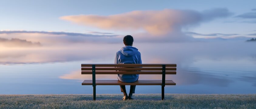 Silhouette of one person on bench overlooking still water during dawn