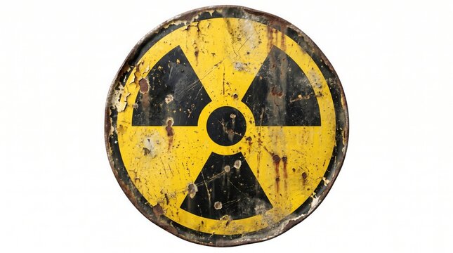Circular rusty metal radioactive warning sign with yellow and black trefoil symbol on white background nuclear hazard danger sign radiation symbol corrosion industrial radiation security
