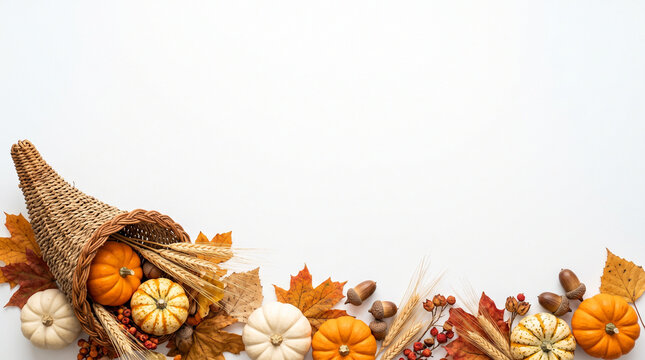 Thanksgiving cornucopia border with pumpkins and autumn leaves on white background