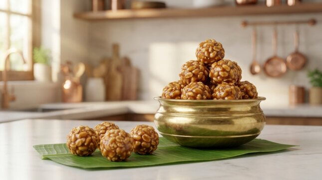 Traditional Indian sweet Ladoo or Laddoo in a golden bowl on a banana leaf, with a bright kitchen background, concept of festive treats and celebrations