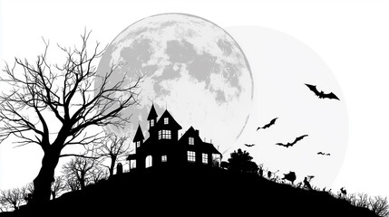 Fototapeta premium Spooky Halloween haunted house silhouette with full moon, bare tree and flying bats on white background