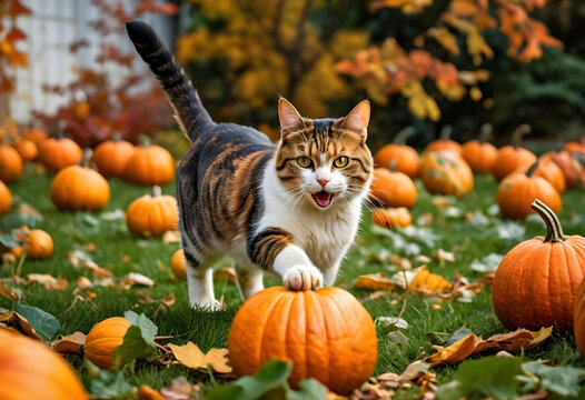 Autumn harvest and halloween celebration, calico cat walking through pumpkin patch with fall foliage and orange gourds in a garden during october season