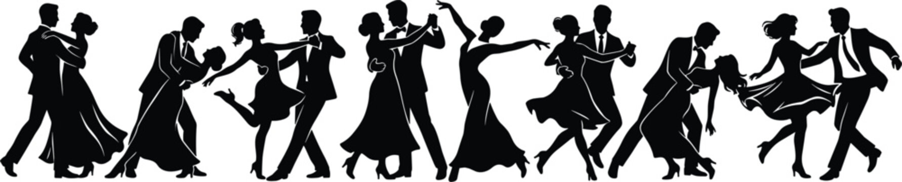 Ballroom dance couples set performing waltz salsa tango swing dancing poses for celebration party event banner design