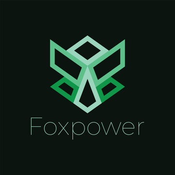 Geometric fox logo with Foxpower text, abstract green animal head vector, modern tech branding icon on black background