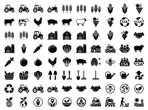 Set of black farm and agriculture icons
