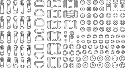 Vector line art collection of clothing hardware featuring zipper pulls, buckles, d-rings, snap fasteners, and buttons for fashion design © SAIFUL