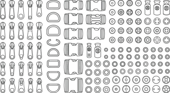 Vector line art collection of clothing hardware featuring zipper pulls, buckles, d-rings, snap fasteners, and buttons for fashion design