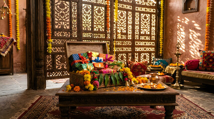 Fototapeta premium An opulent and richly decorated interior showcasing a vibrant and festive holiday display with intricate details
