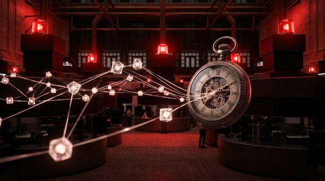 A vintage pocket watch floats in a dark room with red lights