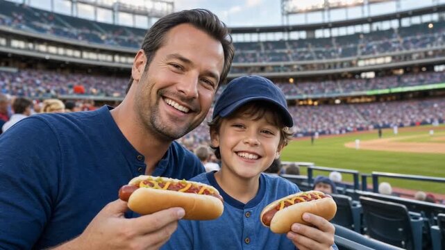 Father and son with a hot dog at the stadium.