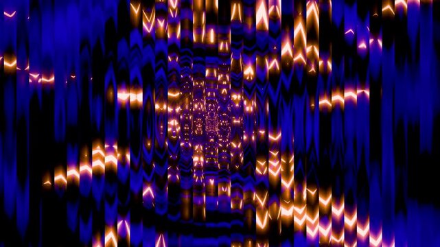 Deep blue and golden yellow chevron sparkles spread through patterned fluted glass. The contrasting neon hues deliver an intriguing dimensional art backdrop.
