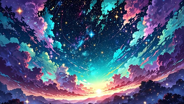 Fantasy anime night sky with swirling cosmic clouds and glowing stars in vibrant colors