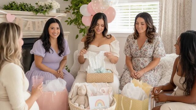 Gifts at a baby shower. Friends giving gifts to the mother.