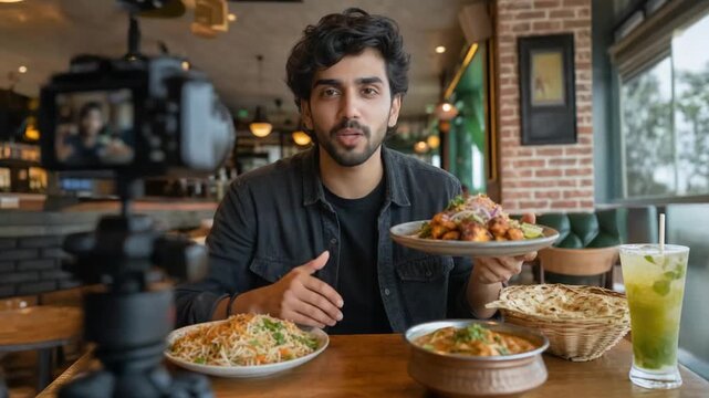 Food vlogger recording a gastronomic video in a restaurant.