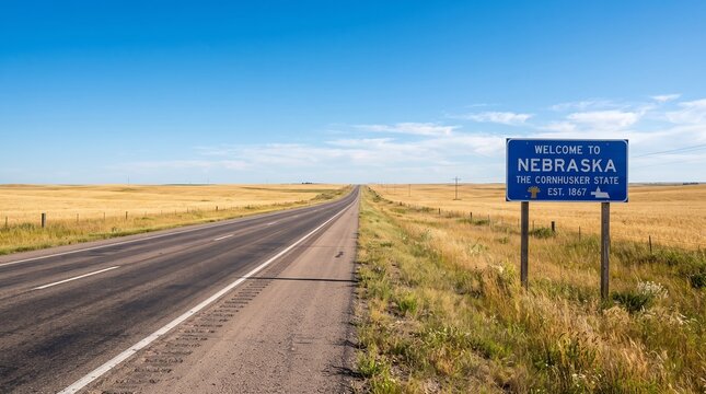 A long, straight highway stretches through vast golden fields under a clear blue sky, with a 'Welcome to Nebraska' sign marking the state border.