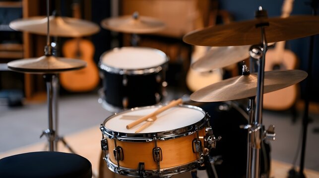 A close up of a drum kit with snare drum  cymbals  and drumsticks resting on the drum  in a warmly lit room with guitars in the background