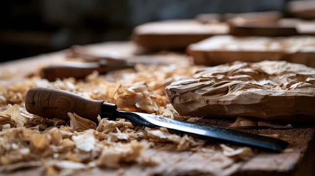 A close up of a wood carving tool resting on a surface covered with wood shavings and partially carved wooden pieces