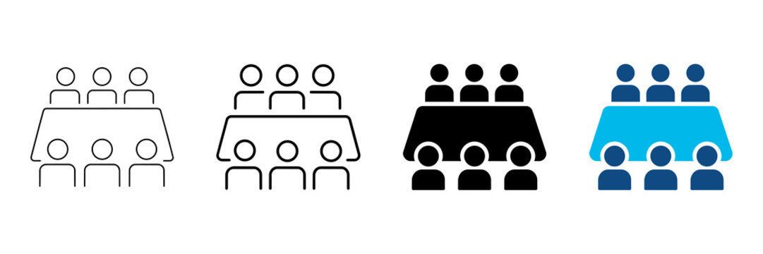 Team meeting icon with people around table symbolizing teamwork, collaboration and discussion. Business pictogram for conference, communication, planning, management and group meeting concept.