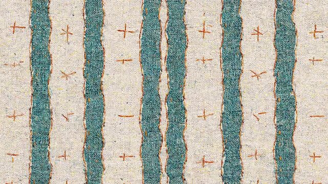 A seamless tactile abstract woven textile background pattern featuring irregular teal vertical stripes and fine terracotta cross stitches on a natural oatmeal linen fabric surface.