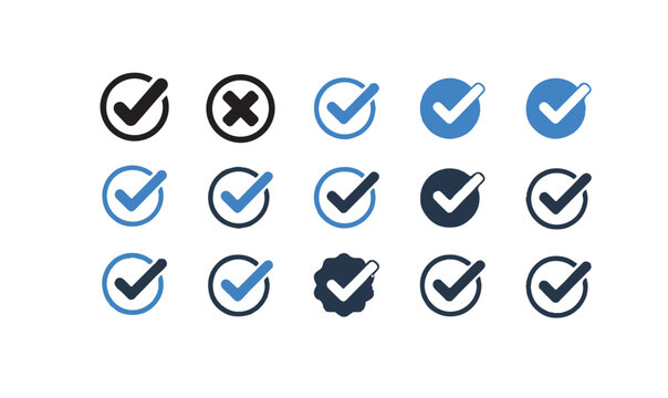 Checkmark and cross symbol icons in blue and black colors for task completion and validation interface design.