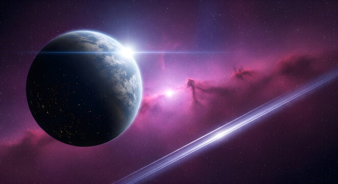 Breathtaking View of an Earth-like Exoplanet with Glowing Rings Floating Amidst a Deep Nebula Cloud in the Infinite Depths of Outer Space