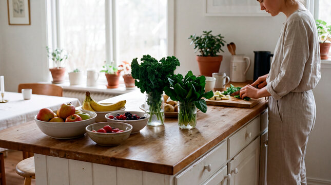 Woman chops fresh kale in bright modern kitchen filled with colorful produce