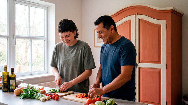 Friends laugh while chopping colorful vegetables together in cozy home kitchen