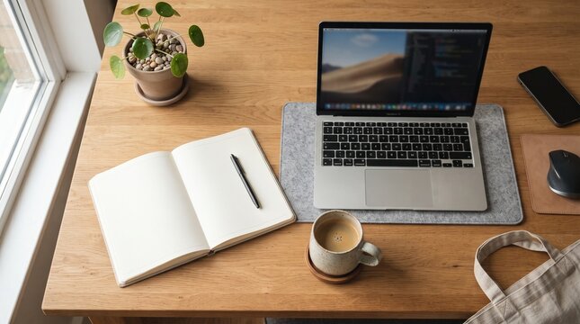 Modern Freelancer Work Space with Clean Notebook, Hot Coffee, and Pilea Plant