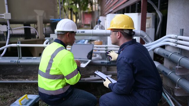 Industrial engineer inspecting water valves and pipelines outside a factory using a laptop, supporting infrastructure maintenance, system monitoring, safety, efficient operations and water management.