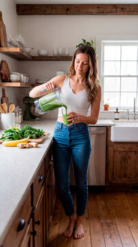 Woman pours fresh green smoothie into glass in rustic farmhouse kitchen