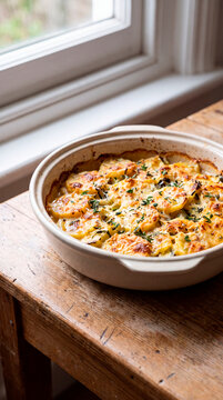 Baked potato gratin dish rests on rustic table beside sunny kitchen window