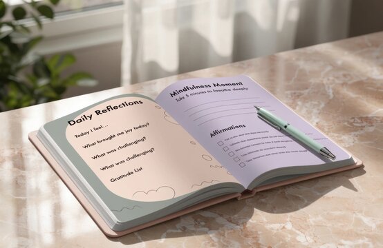 Open wellness journal with daily reflections and affirmations prompts