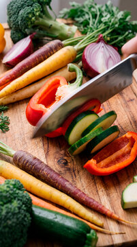 Sharp knife slices colorful vegetables including carrots peppers and zucchini